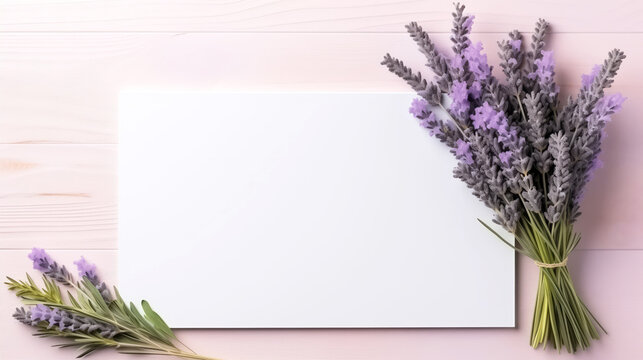 Blank white card with copy space surrounded by beautiful lavender flowers on soft wooden background. Ideal for invitations, announcements or messages that require personal touch