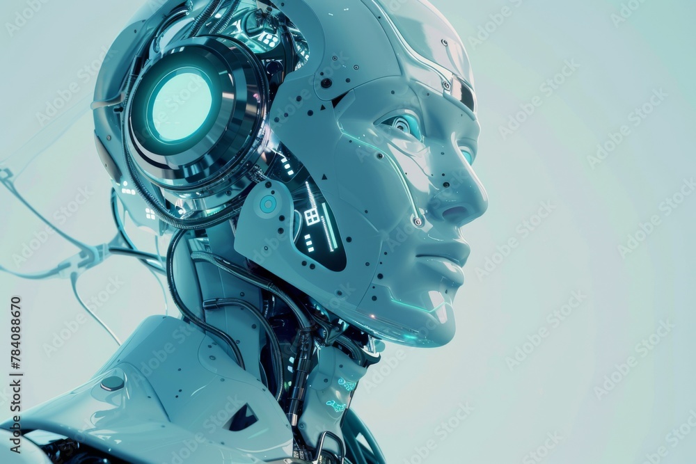 Poster 3d rendered close-up of a futuristic robot with advanced technology features