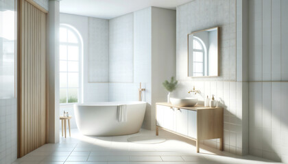 明るい光が窓から入る白いバスルーム