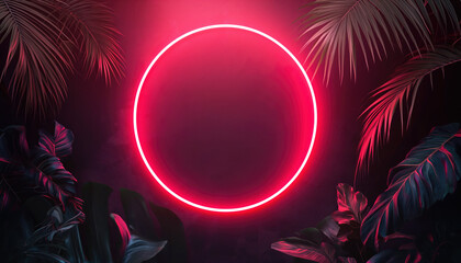Red neon glowing circle frame hovering at jungle, empty copy space in middle. Generative AI