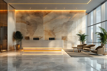 modern luxury lobby interior with marble reception desk, elegant furniture, and panoramic windows