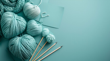 Various wool yarn knitting needles and stuffed heart - obrazy, fototapety, plakaty