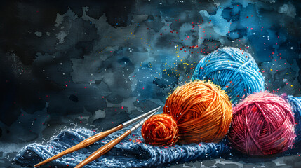 Watercolor style knitting balls of yarn - obrazy, fototapety, plakaty