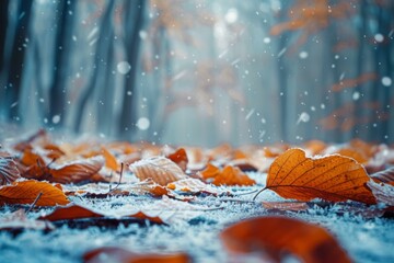 Autumn Leaves on Snowy Ground, Seasonal Transition Concept - Powered by Adobe