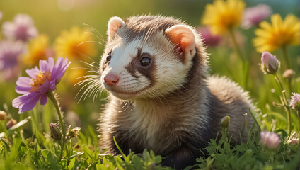 cute ferret on the summer lawn, flowers