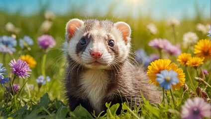 Fototapeta premium cute ferret looking on the summer lawn, flowers