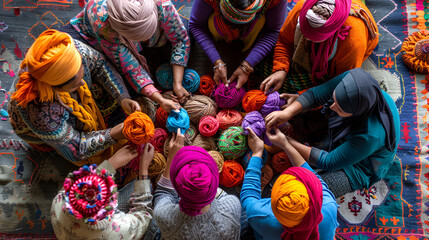Women crochet and knitting from colored yarn - obrazy, fototapety, plakaty