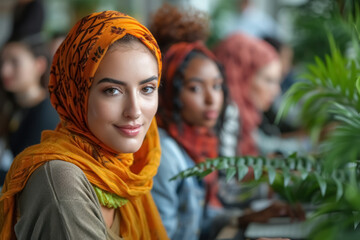 diverse group of people in a public space with focus on colorful headscarves and natural greenery