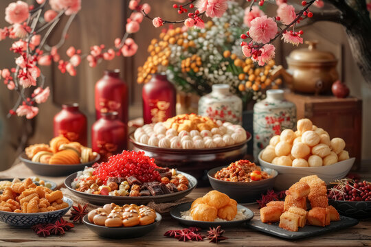 traditional asian sweets and snacks displayed elegantly amidst blooming flowers
