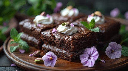   A tight shot of a plate filled with brownies topped with whipped cream Flowers adorn the sides - obrazy, fototapety, plakaty