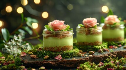   Three small jars with flowers, nestled on a wooden plank Surrounded by lush greenery, adorned with a string of twinkling lights
