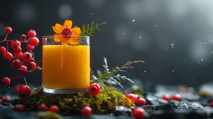   A glass of orange juice atop mossy terrain, adorned with berries and a blooming flower