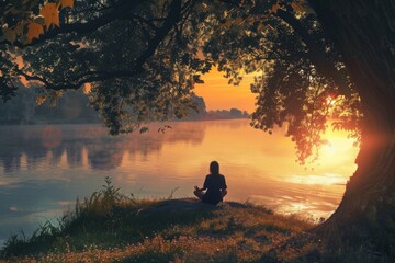 Serenity: person meditating by a peaceful lakeside at sunset - obrazy, fototapety, plakaty