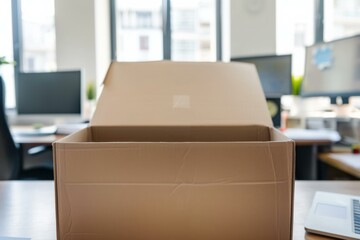 Open Cardboard Box in Modern Office Space, Relocation Concept