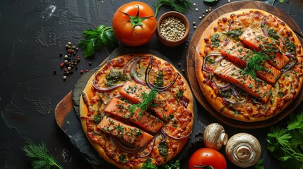   A few pizzas atop a cutting board, accompanied by a bowl of tomatoes and assorted vegetables