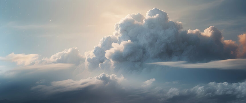 An expansive view of towering cumulus clouds illuminated by a soft, warm light that gives a serene feeling to the image