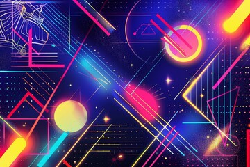 abstract geometric shapes and lines in bright neon colors modern retro 80s style background digital ilustration - obrazy, fototapety, plakaty