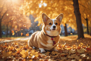 A corgi dog in the autumn park.maple leaves are falling from the sky. Sunny weather.