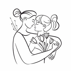vector line art of mother and kid with flowers background