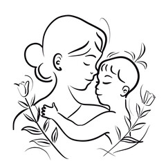 vector line art of mother and kid with flowers background