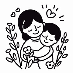 vector line art of mother and kid with flowers background