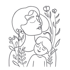 vector line art of mother and kid with flowers background