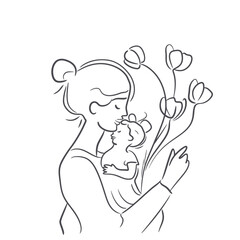 vector line art of mother and kid with flowers background