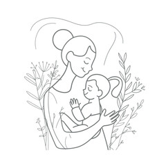 vector line art of mother and kid with flowers background