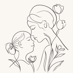 vector line art of mother and kid with flowers background
