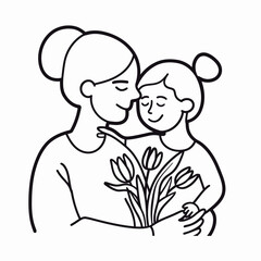 vector line art of mother and kid with flowers background