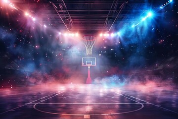 basketball arena background dramatic view of the court and hoop sports and competition concept digital ilustration - obrazy, fototapety, plakaty