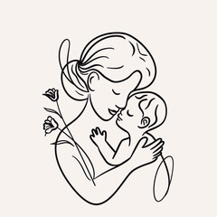 vector line art of mother and kid with flowers background
