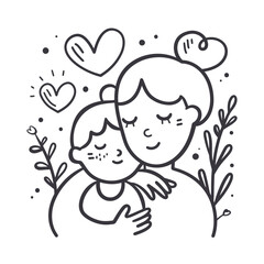 vector line art of mother and kid with flowers background