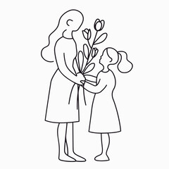 vector line art of mother and kid with flowers background