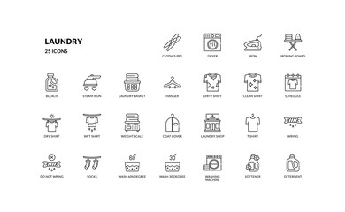 Laundry laundromat household washing and cleaning clothes shirt outline line icon set