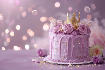 princess themed purple cake with golden crown and roses