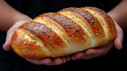   A tight shot of someone's hand cradling a slice of bread, studded with sesame seeds, with sesame seed sprinkles visible above - obrazy, fototapety, plakaty
