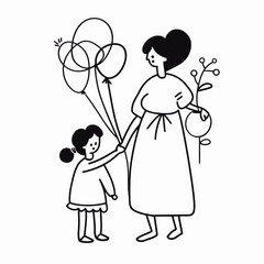 Vector line art Mother with her child with flower background