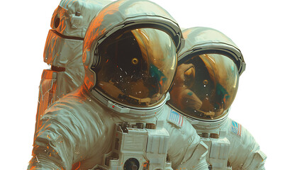 Astronaut Duo: Artistic Depiction of Two Space Travelers in Helmets, PNG Isolated on Transparent Background