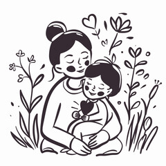 Vector line art Mother with her child with flower background