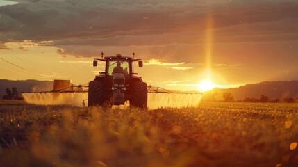 Fototapeta premium irrigation tractor driving spraying or harvesting