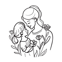 Vector line art Mother with her child with flower background