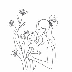Vector line art Mother with her child with flower background