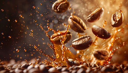 Flying coffee bean in liquid splash of coffee on warm golden brown background. Roasted coffee beans...