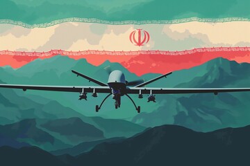 An illustrative depiction of a military drone in flight against the backdrop of Iran's iconic mountainous terrain