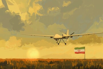 Capturing the early light of dawn, this image highlights an Iranian drone embarking on a daybreak patrol, a metaphor for vigilance and readiness - obrazy, fototapety, plakaty