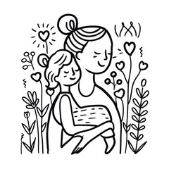 Vector line art mother and kid with flowers