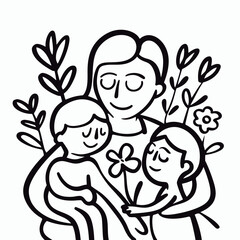 Vector line art mother and kid with flowers