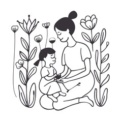 Vector line art mother and kid with flowers