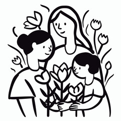Vector line art mother and kid with flowers